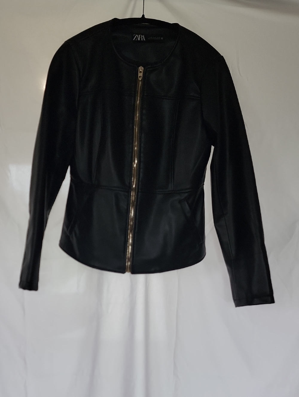 Zara Black Faux Leather Zip Jacket with Gold-Tone Zipper